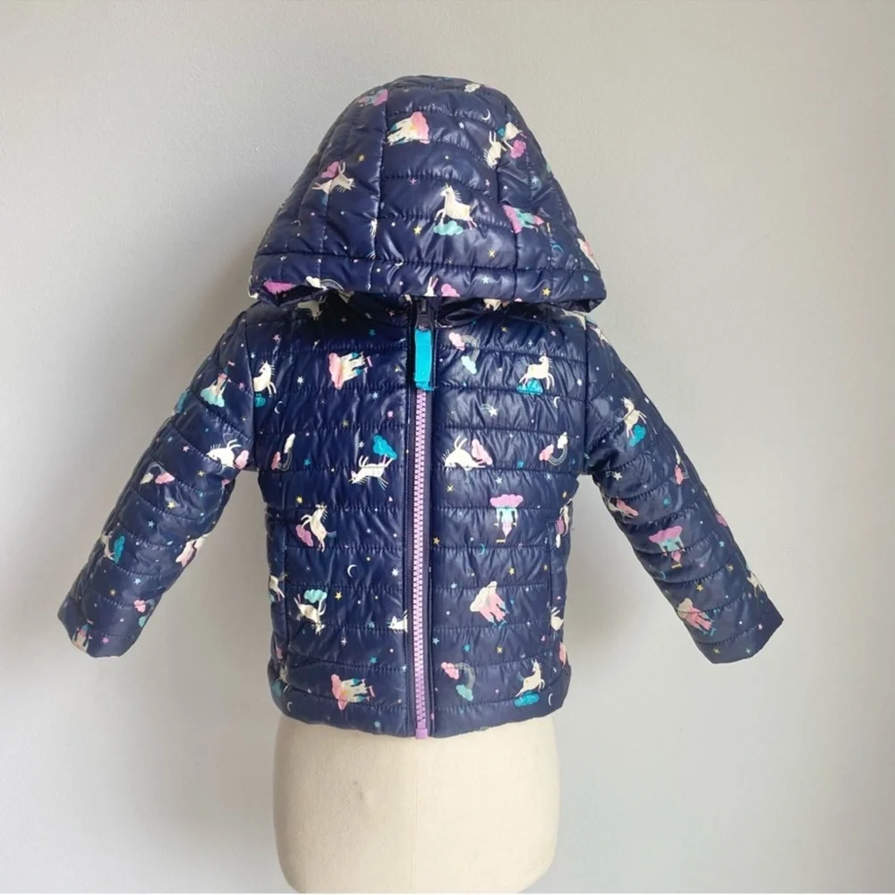 Cat & Jack Blue Unicorn Infant/Baby Girl's Midweight Puffer Hooded Jacket